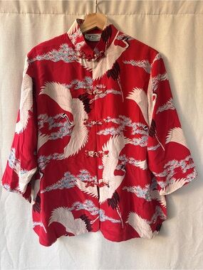 Avanti Red Crane Print Mandarin Button-Down Shirt